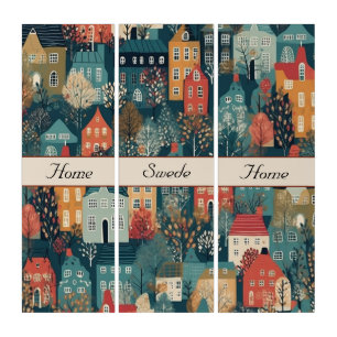 Cozy Hygge Village Nordic Folk Art, custom Triptych