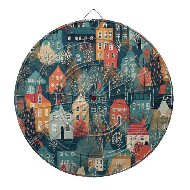 Cozy Hygge Village Nordic Folk Art Dart Board (Front)