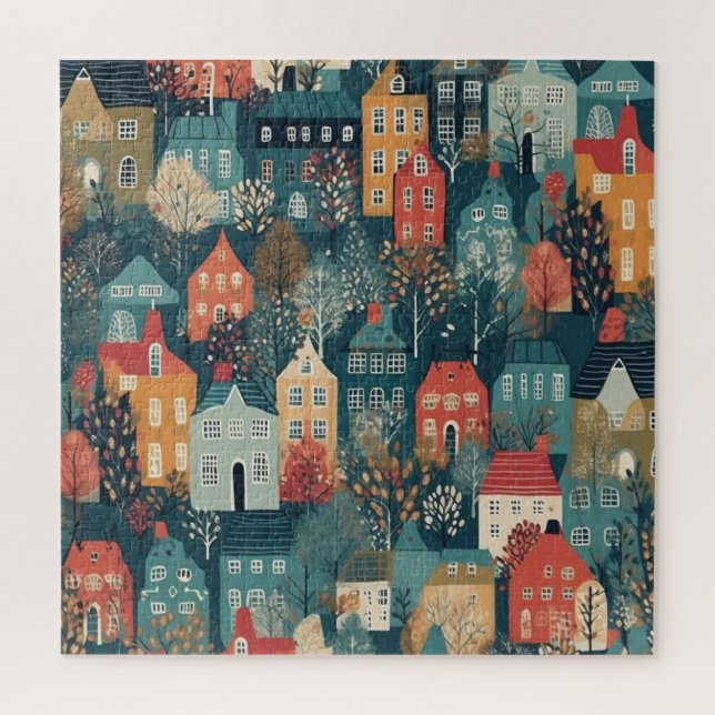 Cozy Hygge Village Nordic Folk Art Jigsaw Puzzle (Vertical)