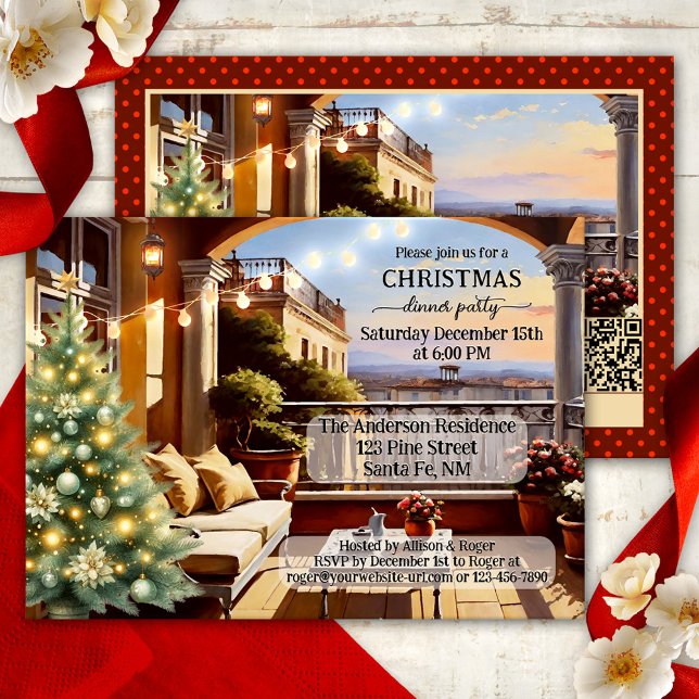 Cozy Italian Balcony Christmas Dinner Party Invitation (Christmas dinner party invitation featuring an Italian balcony with Christmas tree and string lights)