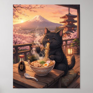 Cozy Japanese Black Cat Slurping Ramen Poster - Mt