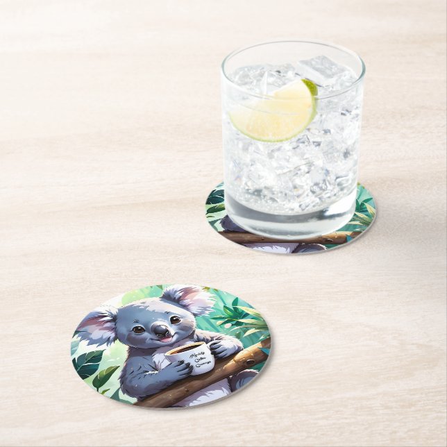 Cozy Jungle Koala Coffee Round Paper Coaster (Insitu)