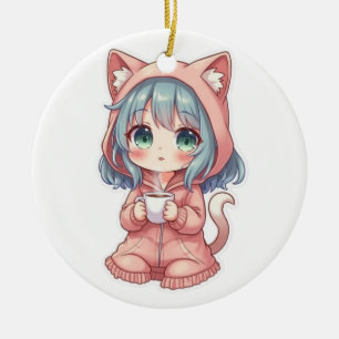 Cozy Kawaii Anime Girl with Cat Hoodie – Hot Drink Ceramic Ornament