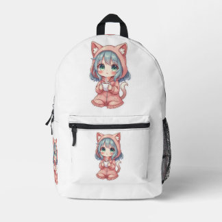 Cozy Kawaii Anime Girl with Cat Hoodie – Hot Drink Printed Backpack
