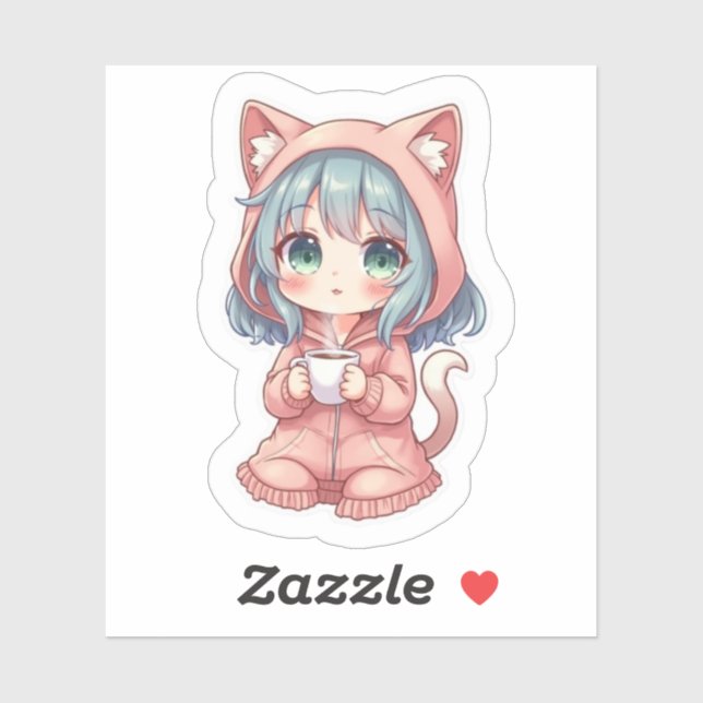 Cozy Kawaii Anime Girl with Cat Hoodie – Hot Drink Sticker (Sheet)