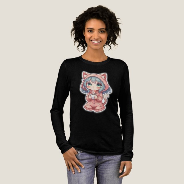 Cozy Kawaii Anime Girl with Cat Hoodie – Hot Drink Tri-Blend Shirt (Full Front)