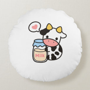 Cozy Kawaii Cow & Milk Jar Round Pillow