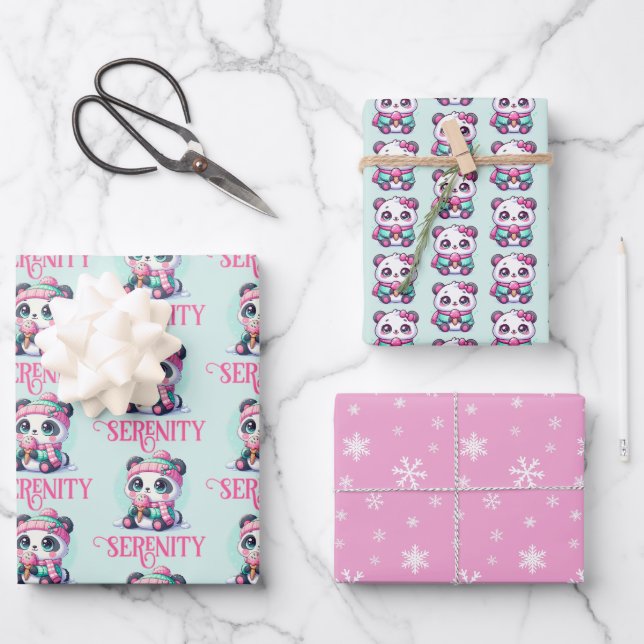 Cozy Kawaii Panda with Ice Cream Cone Winter Wrapping Paper Sheets (Front)