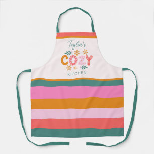 Cozy Kitchen Bright Stripe Custom Name Holiday Apron