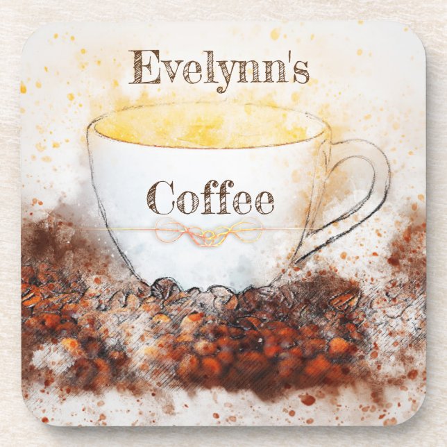 Cozy kitchen coffee cup and coffee bean coaster (Front)