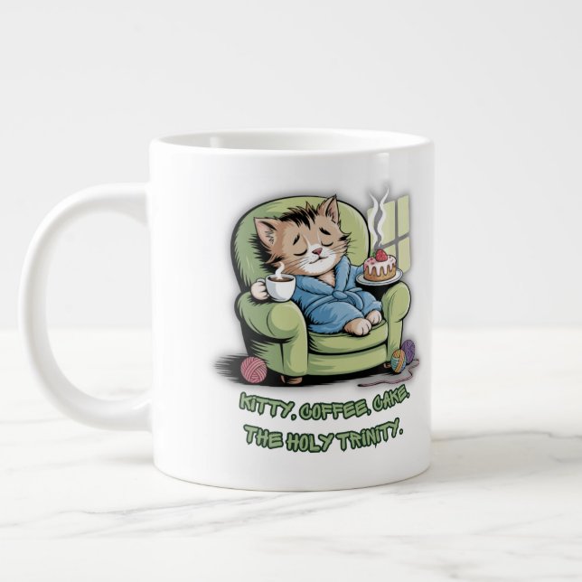 Cozy Kitten with Coffee and Cake – Funny Cat Giant Coffee Mug (Left)