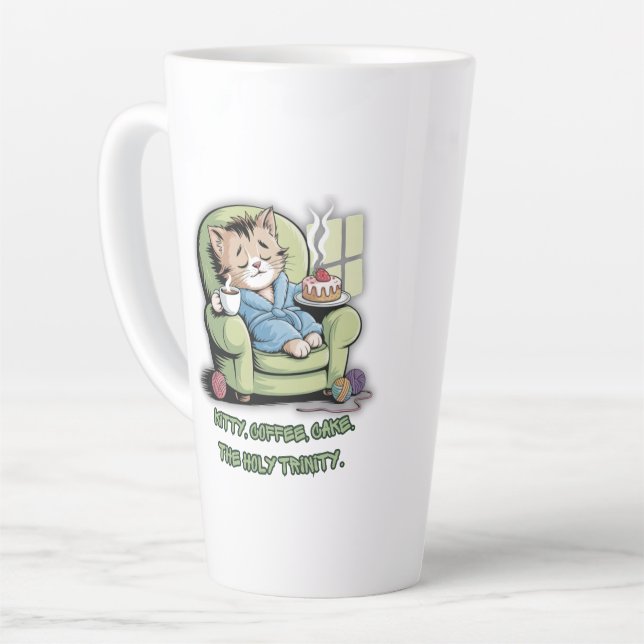 Cozy Kitten with Coffee and Cake – Funny Cat Latte Mug (Left Angle)