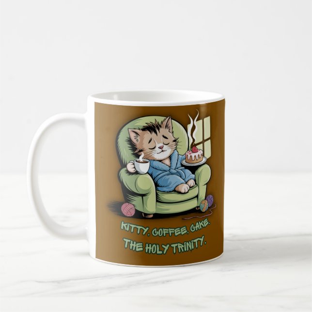 Cozy Kitten with Coffee and Cake – Funny Cat Mug (Left)