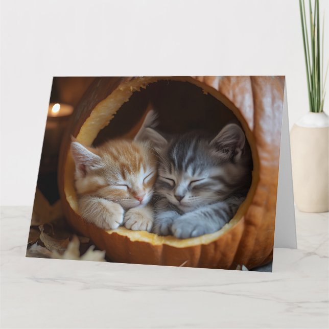 Cozy Kittens Snuggle in a Pumpkin Card (Front)