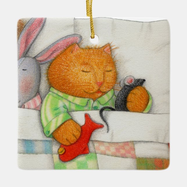 COZY KITTY Ceramic Square Ornament  (Front)