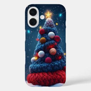 Cozy Knit Christmas Tree Blue Red iPhone 16 Case