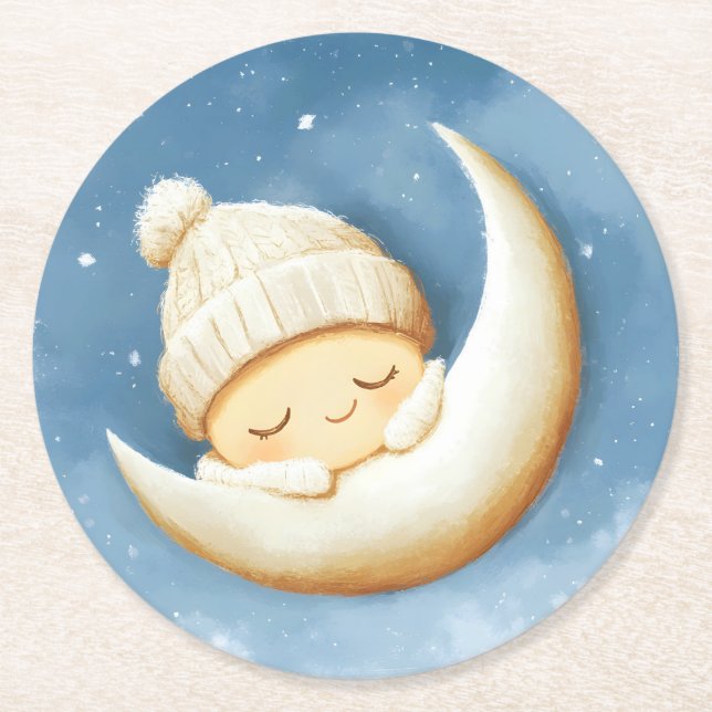 Cozy Knit Nap Cresent Moon Round Paper Coaster (Front)