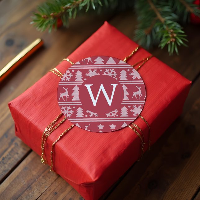 Cozy Knit Red Sweater Pattern Monogram Christmas Classic Round Sticker (Cozy Knit Red Sweater Pattern Monogram Christmas Classic Round Sticker)