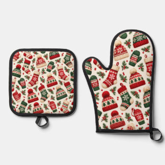 Cozy Knitted Christmas Hats and Stockings Pattern Oven Mitt & Pot Holder Set