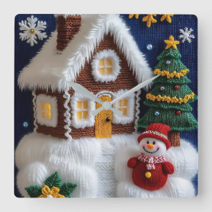 Cozy Knitted Christmas House & Snowman Wall Clock