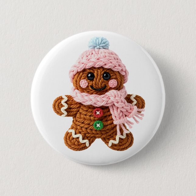 Cozy Knitted Gingerbread Winter Character Button (Front)