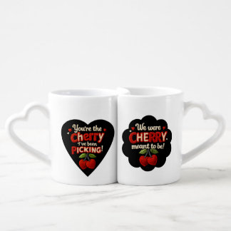 Cozy knitted-style typography and adorable cherry  coffee mug set
