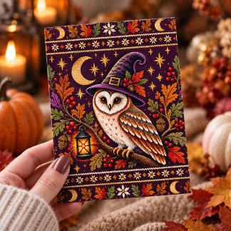 Cozy Knitted Witch Owl Halloween Autumn Art Postcard