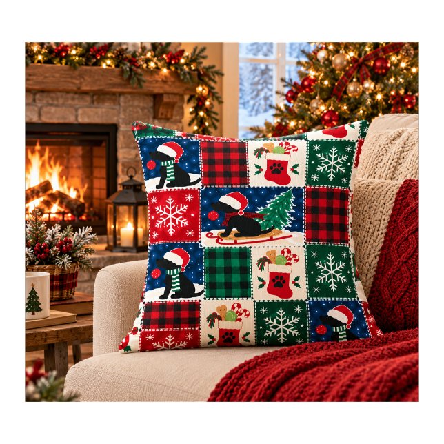  Cozy Labrador Christmas Patchwork Quilt Throw Pillow (Creator Uploaded)