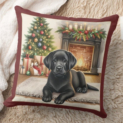 Cozy Labrador Puppy Black Lab Dog Christmas  Throw Pillow