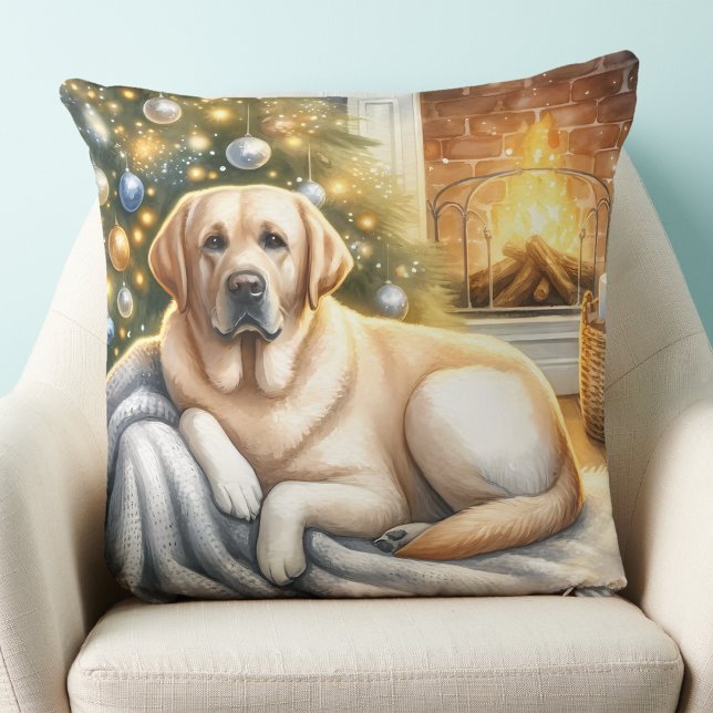 Cozy Labrador Retriever Christmas Yellow Dog  Throw Pillow (Creator Uploaded)