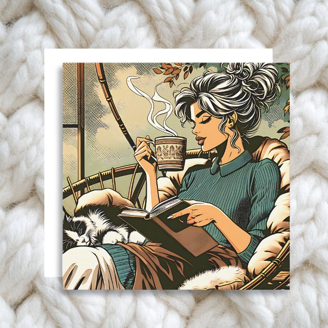 Cozy Lady Reading with Coffee and Cat Card (Creator Uploaded)