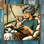 Cozy Lady Reading with Coffee and Cat Card Metal Print<br><div class="desc">A pretty lady relaxing in her cozy Papasan chair reading a book,  drinking coffee with a cute black and white cat sleeping on her lap.</div>