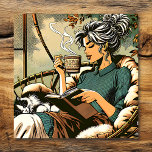 Cozy Lady Reading with Coffee and Cat Card Poster<br><div class="desc">A pretty lady relaxing in her cozy Papasan chair reading a book,  drinking coffee with a cute black and white cat sleeping on her lap.</div>