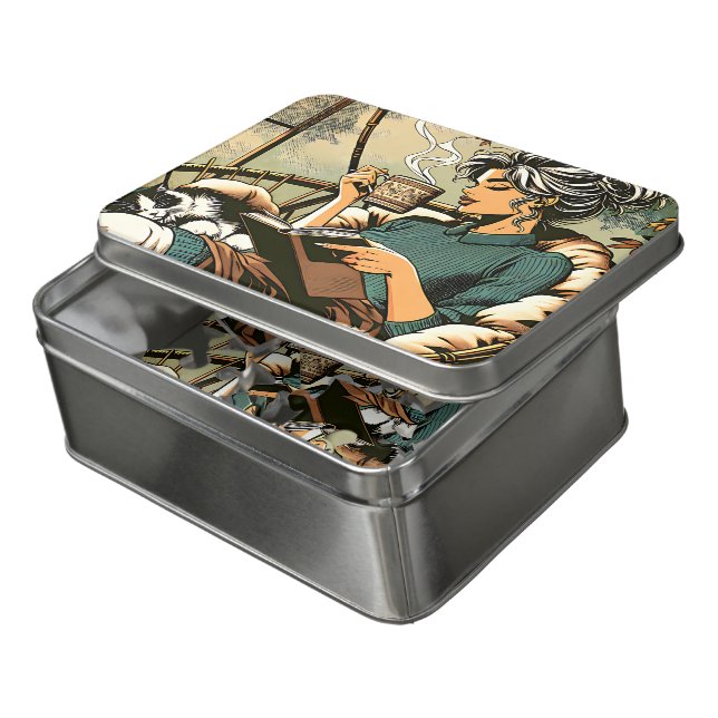 Cozy Lady Reading with Coffee and Cat Jigsaw Puzzle (Lid Open)