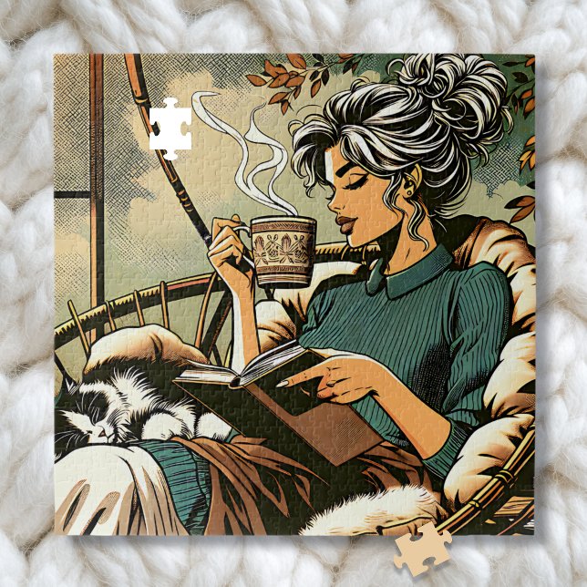 Cozy Lady Reading with Coffee and Cat Jigsaw Puzzle (Creator Uploaded)