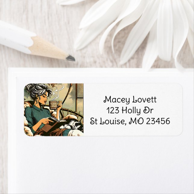 Cozy Lady Reading with Coffee and Cat Label (Insitu)