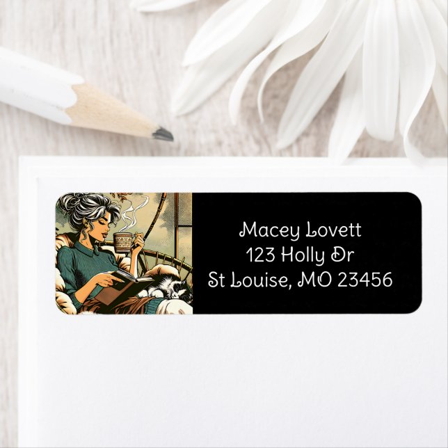 Cozy Lady Reading with Coffee and Cat Label (Insitu)