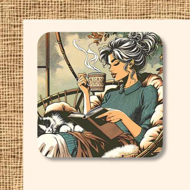 Cozy Lady Reading with Coffee and Cat   Square Sticker (Creator Uploaded)
