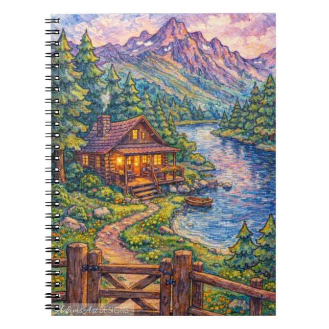 Cozy Lakeside Cabin Mountain Landscape Art Notebook (Front)