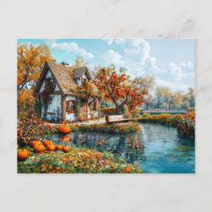 Cozy Lakeside Cottage in Autumn Illustration Postcard