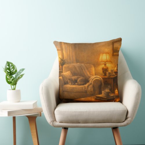 Cozy Lamp‑Lit Cat Corner Throw Pillow