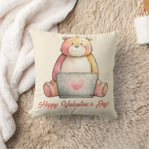Cozy Laptop Bear Valentine`s Day Throw Pillow