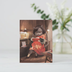 Cozy Library Afternoon - Lo-fi Vintage Cat Announcement Postcard
