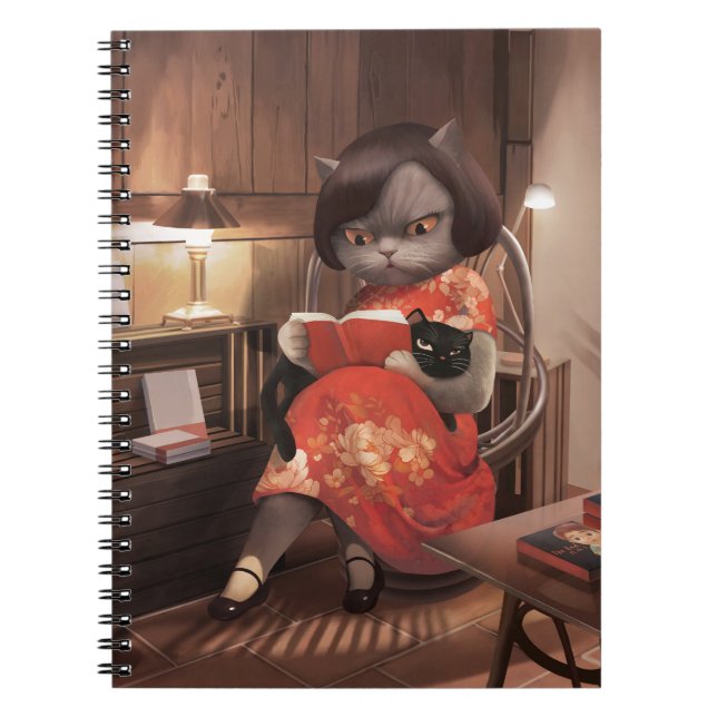 Cozy Library Afternoon - Lo-fi Vintage Cat Notebook (Front)