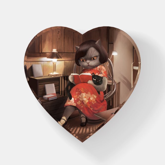 Cozy Library Afternoon - Lo-fi Vintage Cat Paperweight (Front)