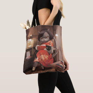 Cozy Library Afternoon - Lo-fi Vintage Cat Tote Bag
