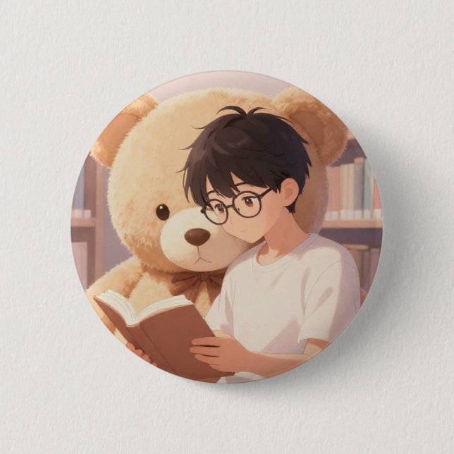 Cozy Library Boy & Giant Teddy Bear Reading Aesthe Button (Front)