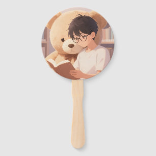Cozy Library Boy & Teddy Bear Bookish Party Sticke Hand Fan