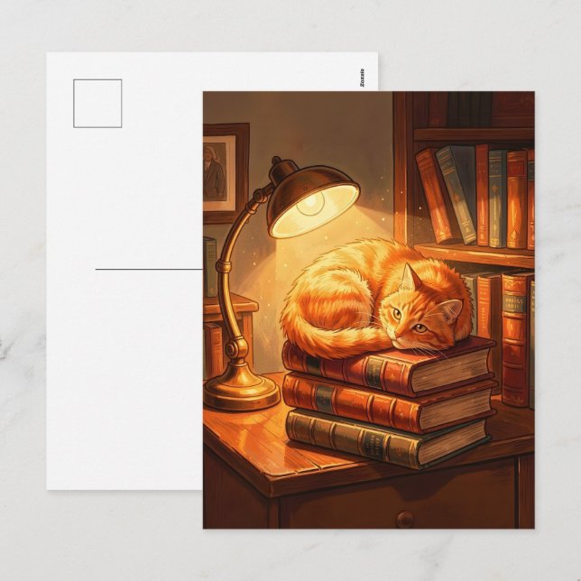 Cozy Library Cat Postcard - Bookworm Gift Art  (Front/Back)