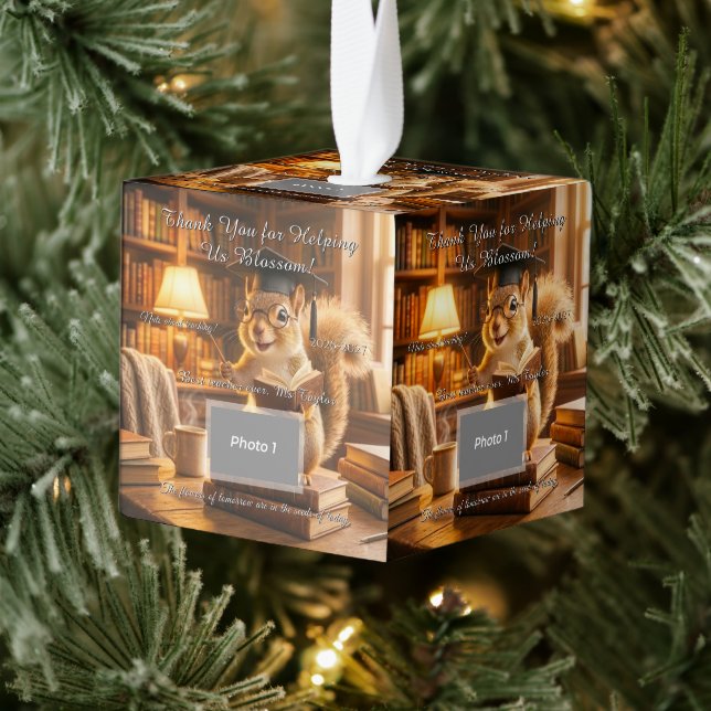 Cozy Library Squirrel Teacher Appreciation Cube Ornament (Tree)